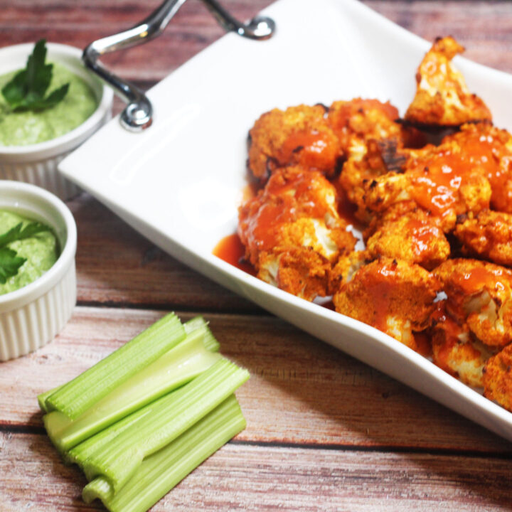 Buffalo Cauliflower Bites with Spinach Ranch Dip