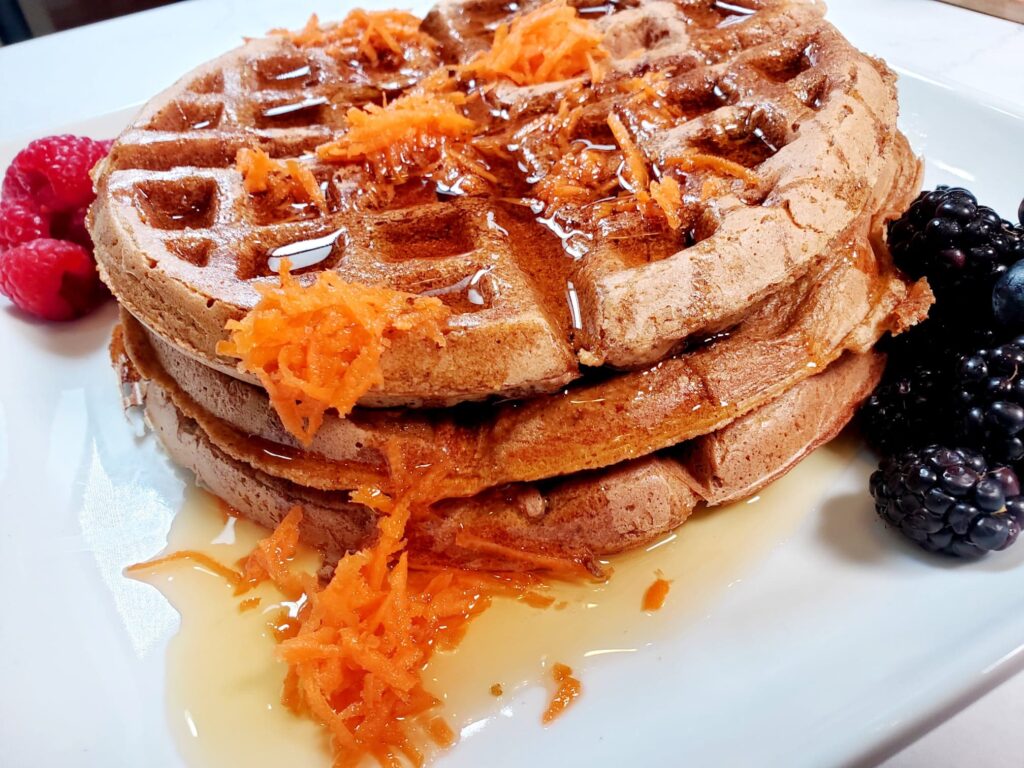 grandmas famous recipe, plant based mom, easy breakfast recipes, carrot cake recipe, healthy carrot cake recipe, healthy vegan recipe, oil free waffles, oil free vegan plant based recipe 